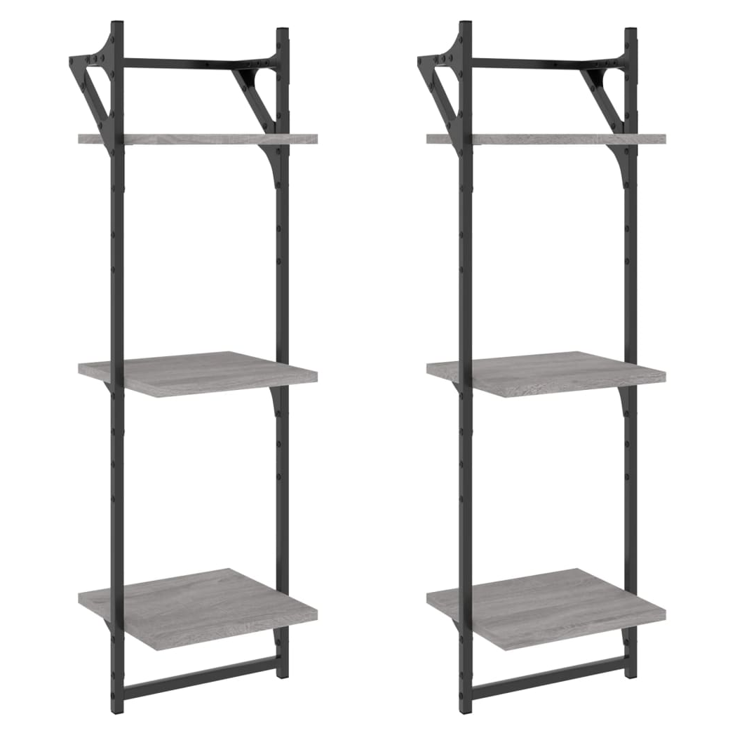 vidaXL 3-Tier Wall Shelves with Bars 2 pcs Grey Sonoma 30x25x100 cm