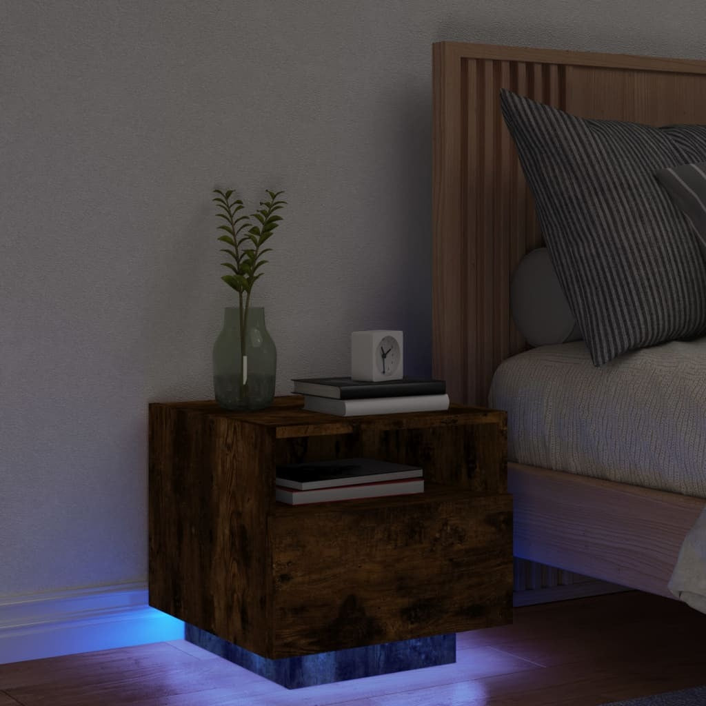 vidaXL Bedside Cabinet with LED Lights Smoked Oak 40x39x37 cm