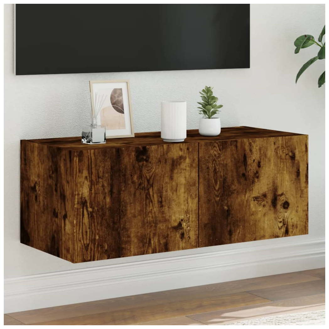 vidaXL TV Wall Cabinet with LED Lights Smoked Oak 80x35x31 cm