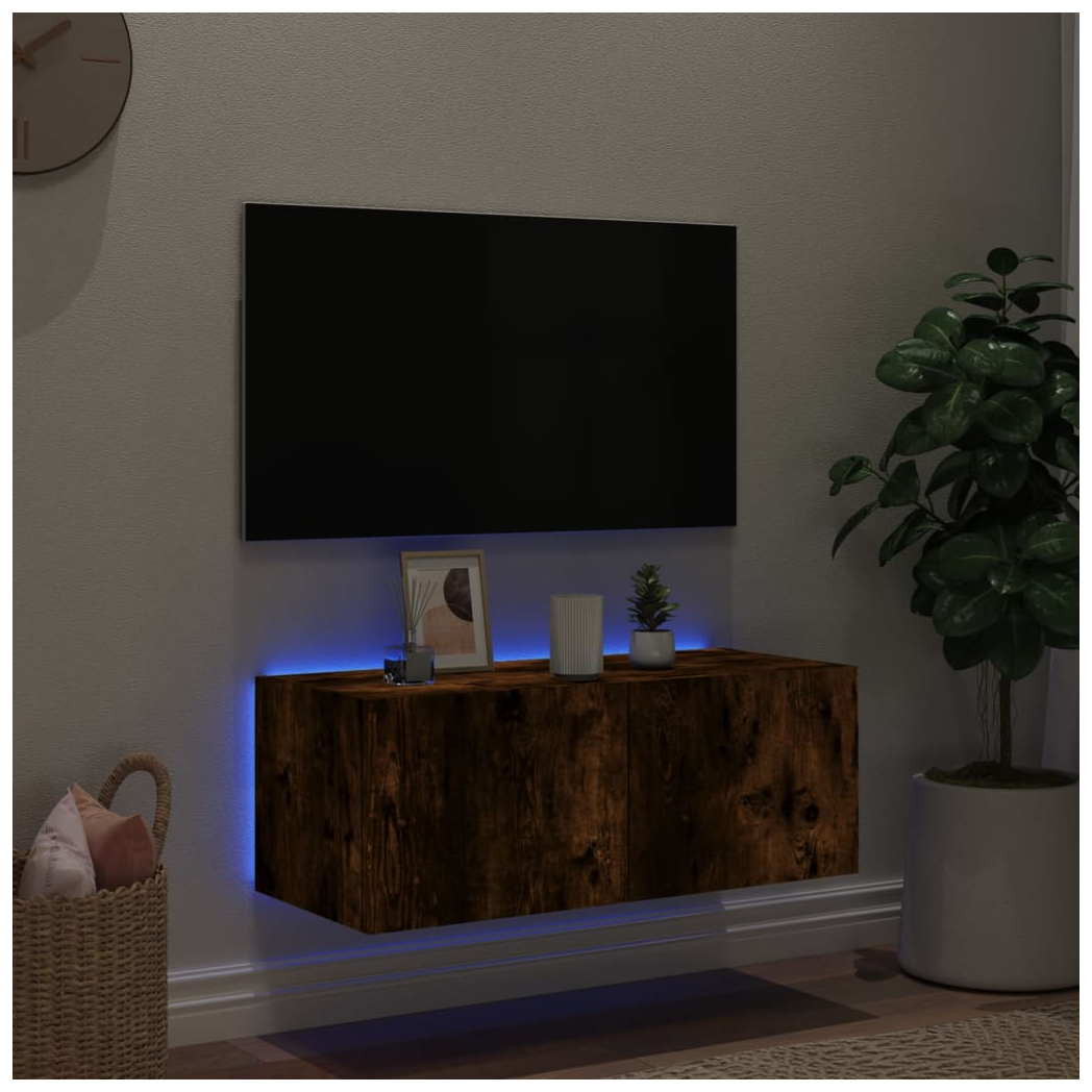 vidaXL TV Wall Cabinet with LED Lights Smoked Oak 80x35x31 cm