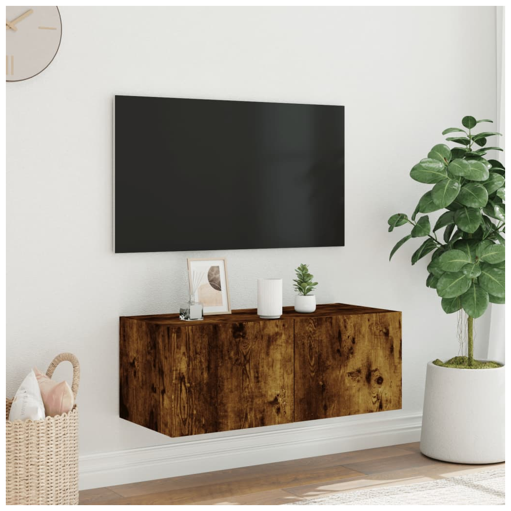 vidaXL TV Wall Cabinet with LED Lights Smoked Oak 80x35x31 cm