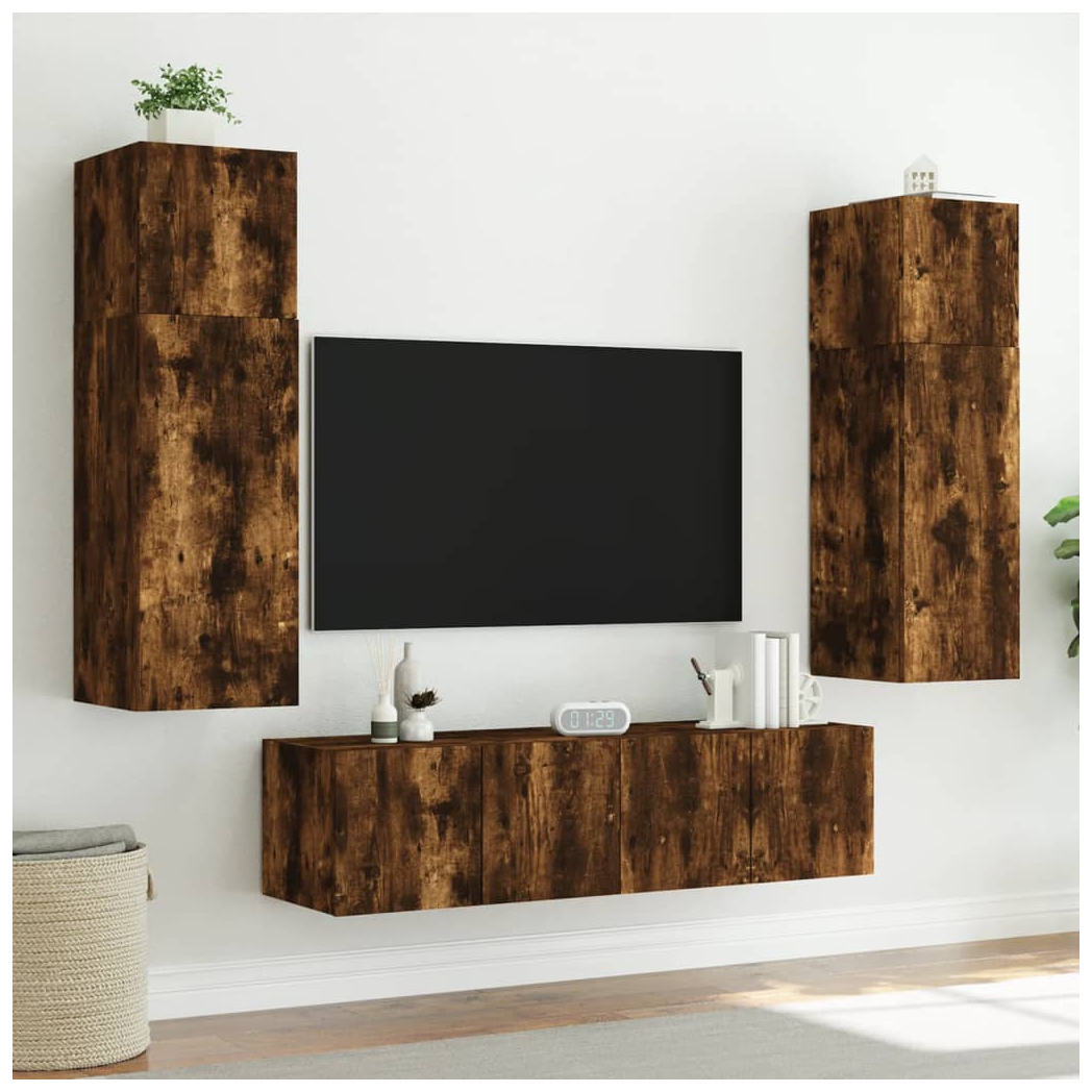 vidaXL TV Wall Cabinet with LED Lights Smoked Oak 80x35x31 cm