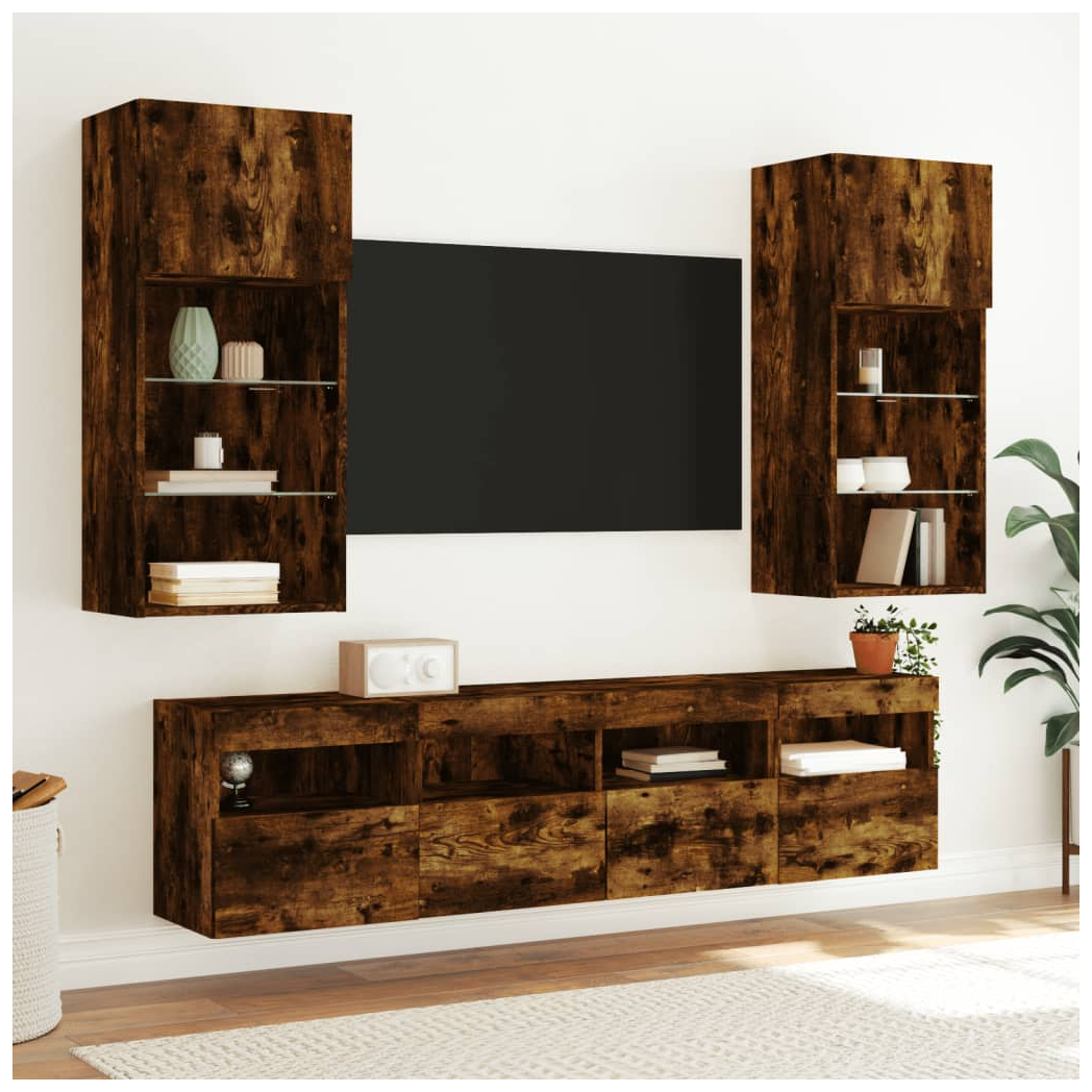 vidaXL TV Wall Cabinets with LED Lights 2 pcs Smoked Oak 40x30x40 cm