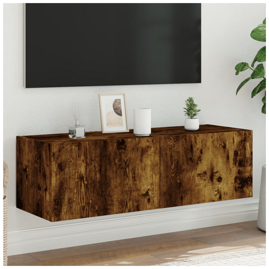 vidaXL TV Wall Cabinet with LED Lights Smoked Oak 100x35x31 cm