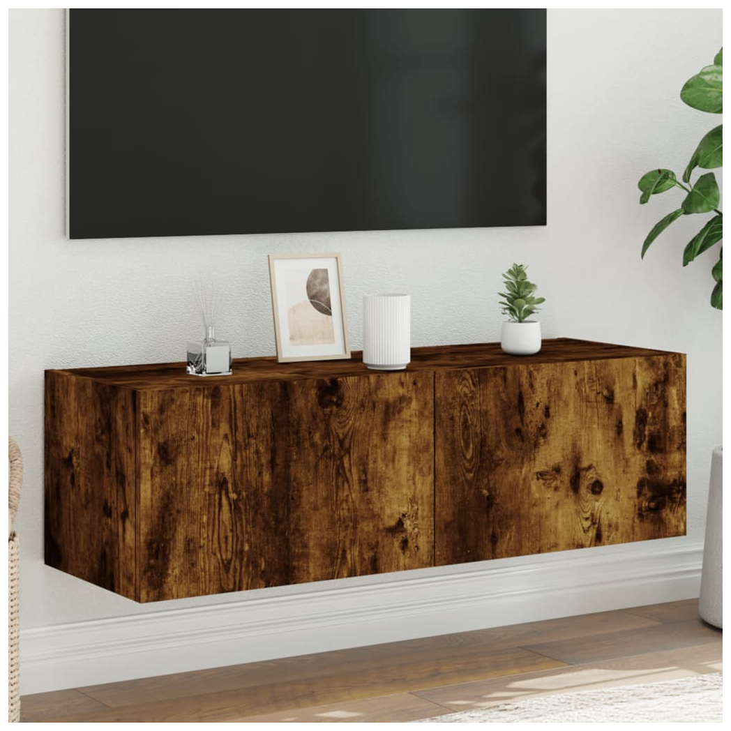 vidaXL TV Wall Cabinet with LED Lights Smoked Oak 100x35x31 cm