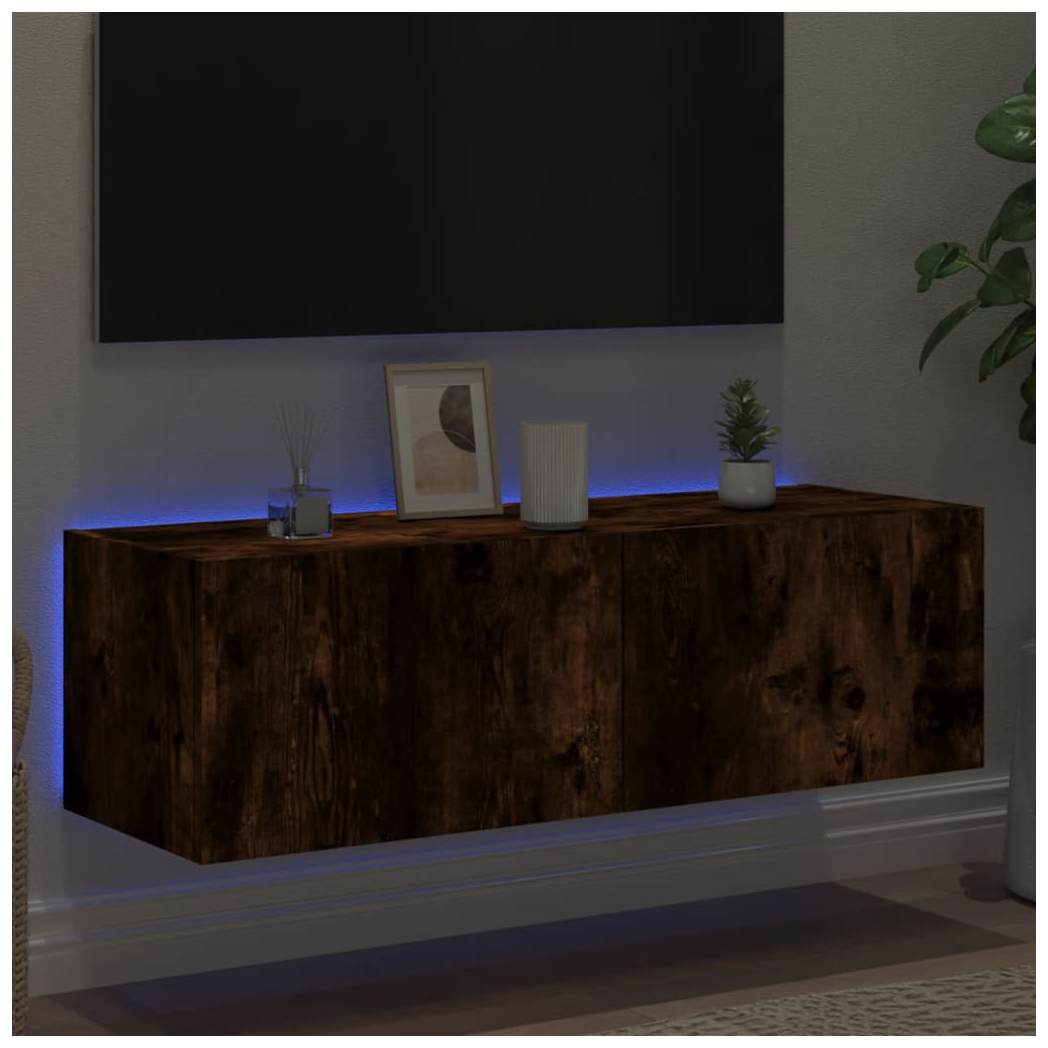 vidaXL TV Wall Cabinet with LED Lights Smoked Oak 100x35x31 cm