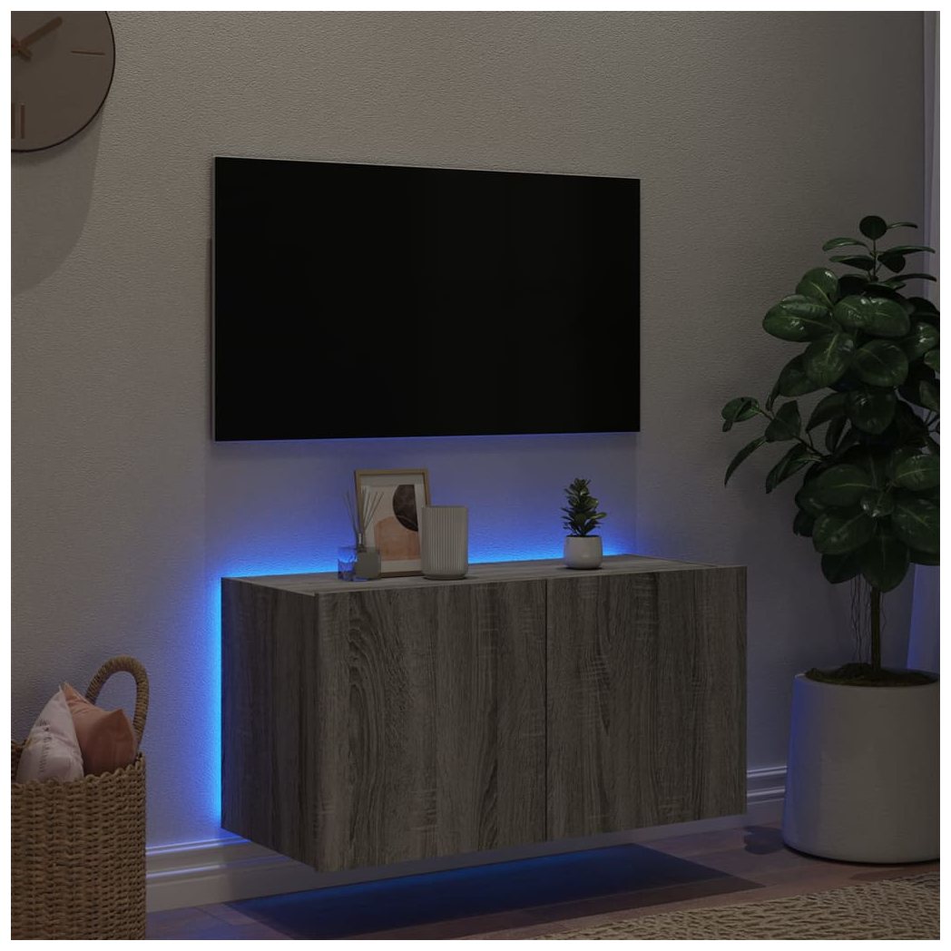 vidaXL TV Wall Cabinet with LED Lights Grey Sonoma 80x35x41 cm