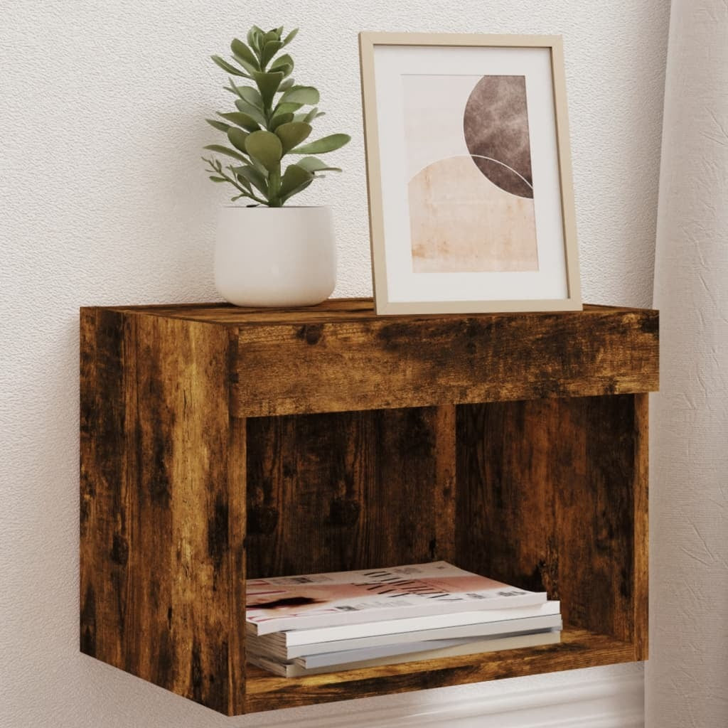 vidaXL Bedside Cabinet with LED Lights Wall-mounted Smoked Oak