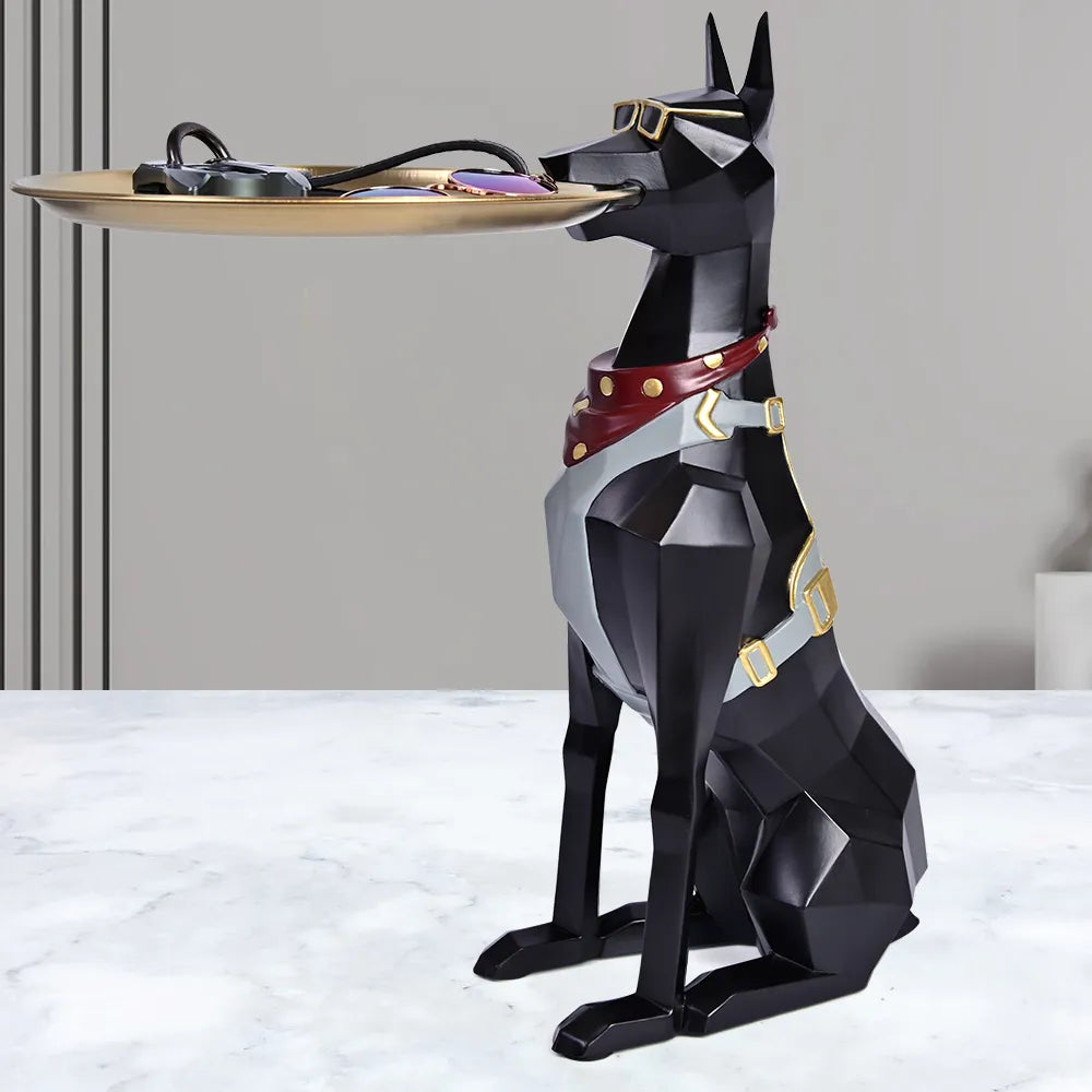 Resin Art Dog Statue Butler with Tray for Keys Jewelry Holder Doberman Pinscher Sculptures Living Room Decoration Table Ornament