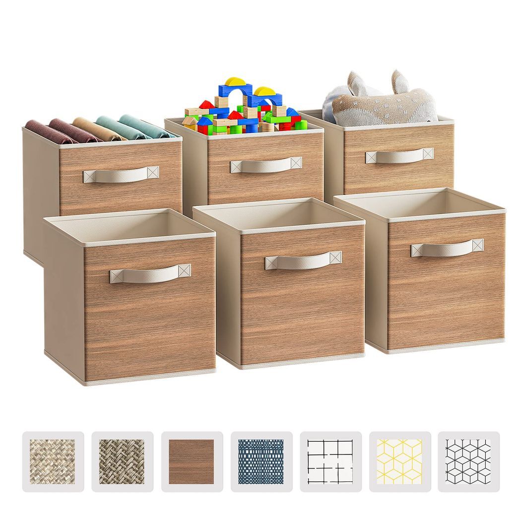 Fabric Storage Cubes with Handle, Foldable 11 Inch Cube Storage Bins, 6 Pack Storage Baskets for Shelves, Storage Boxes for Organizing Closet Bins, Wood Grain