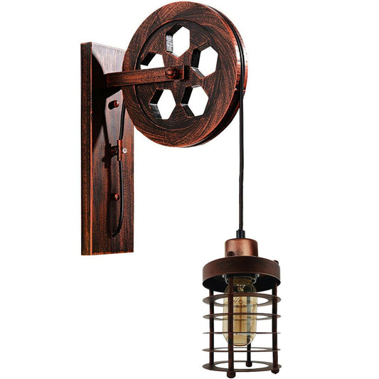 Vintage Industrial Pulley Wheel Wall Mounted Light Metal Cylinder Shape Shade