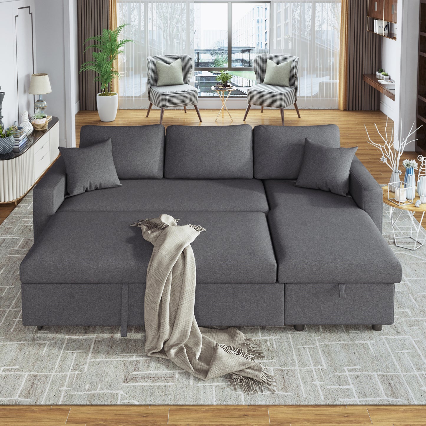 Upholstery  Sleeper Sectional Sofa Grey with Storage Space, 2 Tossing Cushions