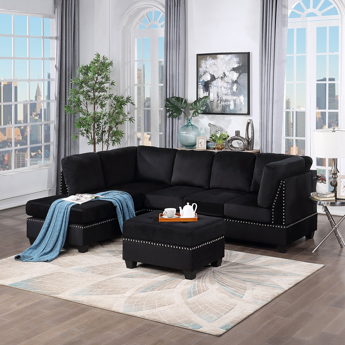 Reversible Sectional Sofa Space Saving with Storage Ottoman Rivet Ornament L-shape Couch for Small or Large Space Dorm Apartment