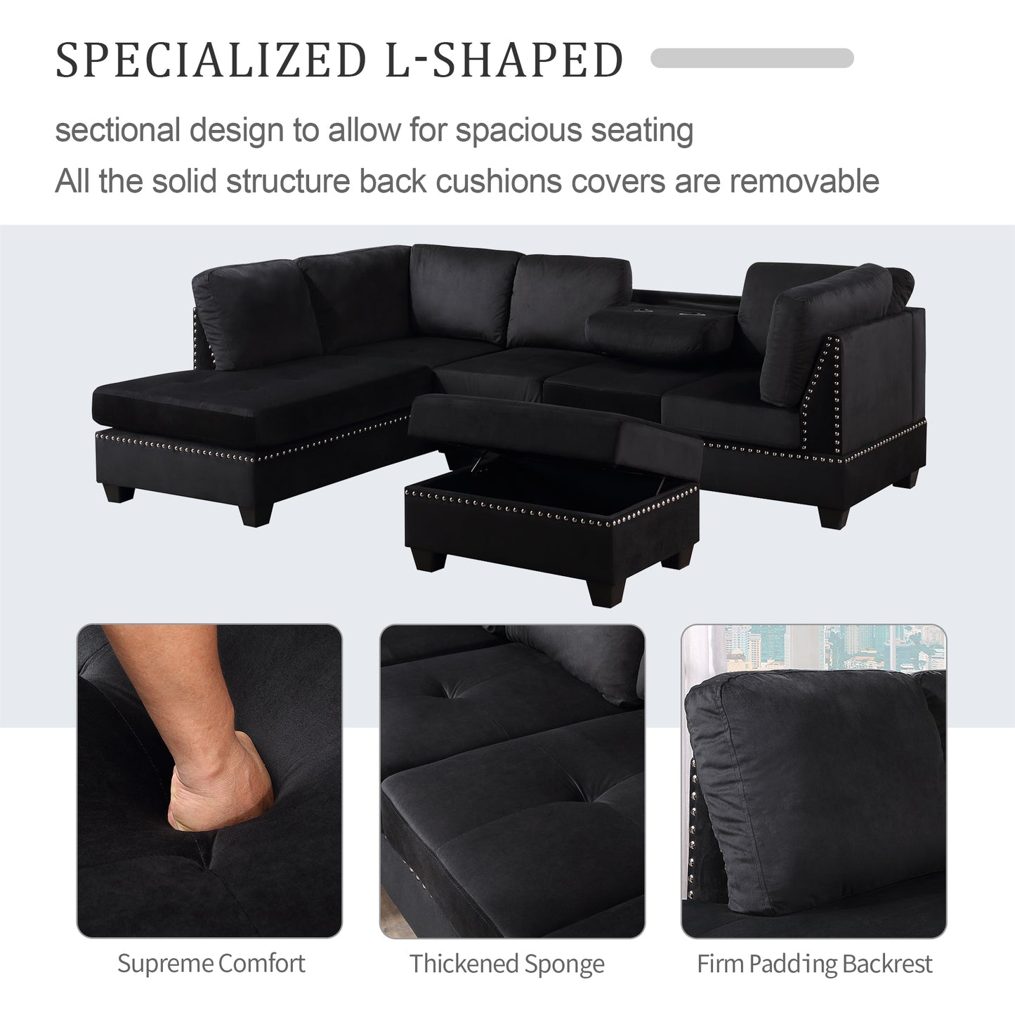 Reversible Sectional Sofa Space Saving with Storage Ottoman Rivet Ornament L-shape Couch for Small or Large Space Dorm Apartment