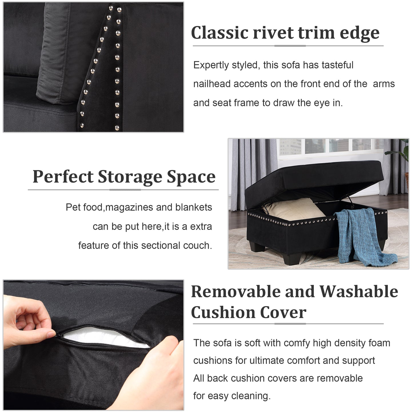 Reversible Sectional Sofa Space Saving with Storage Ottoman Rivet Ornament L-shape Couch for Small or Large Space Dorm Apartment