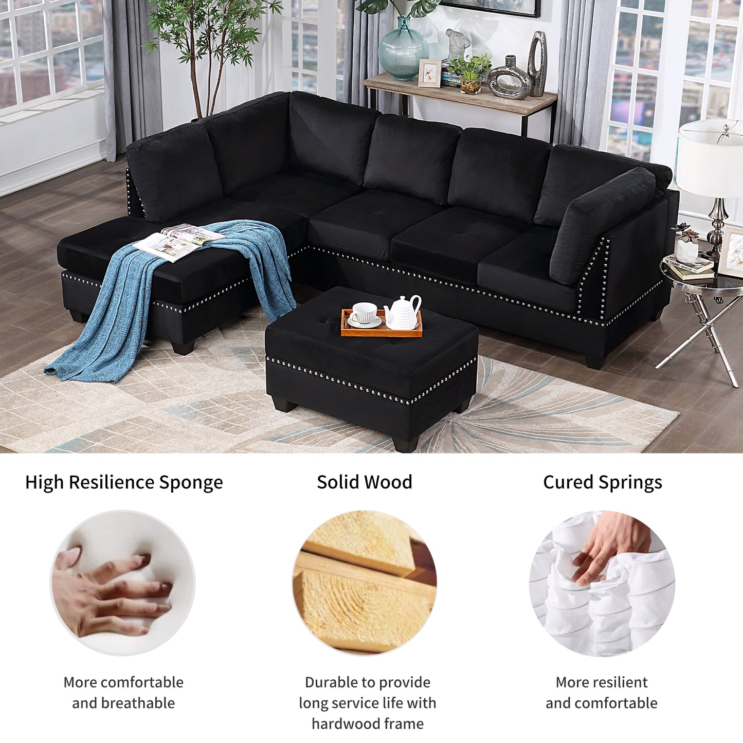 Reversible Sectional Sofa Space Saving with Storage Ottoman Rivet Ornament L-shape Couch for Small or Large Space Dorm Apartment