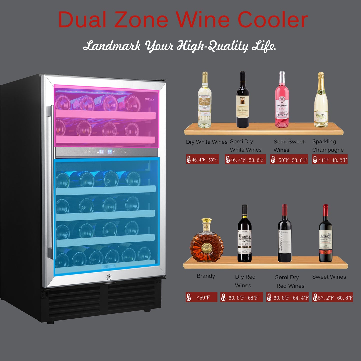 SOTOLA 24 inch 46 Bottle Wine Cooler Cabinet Beverage Fridge Small Wine Cellar Soda Beer Counter Top Bar Quiet Operation Compressor Freestanding Clear Glass Door for Office