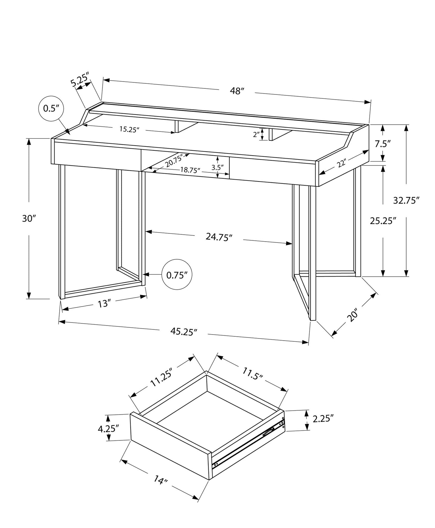 22" x 48" x 32.75" Dark Taupe Black Metal  Computer Desk