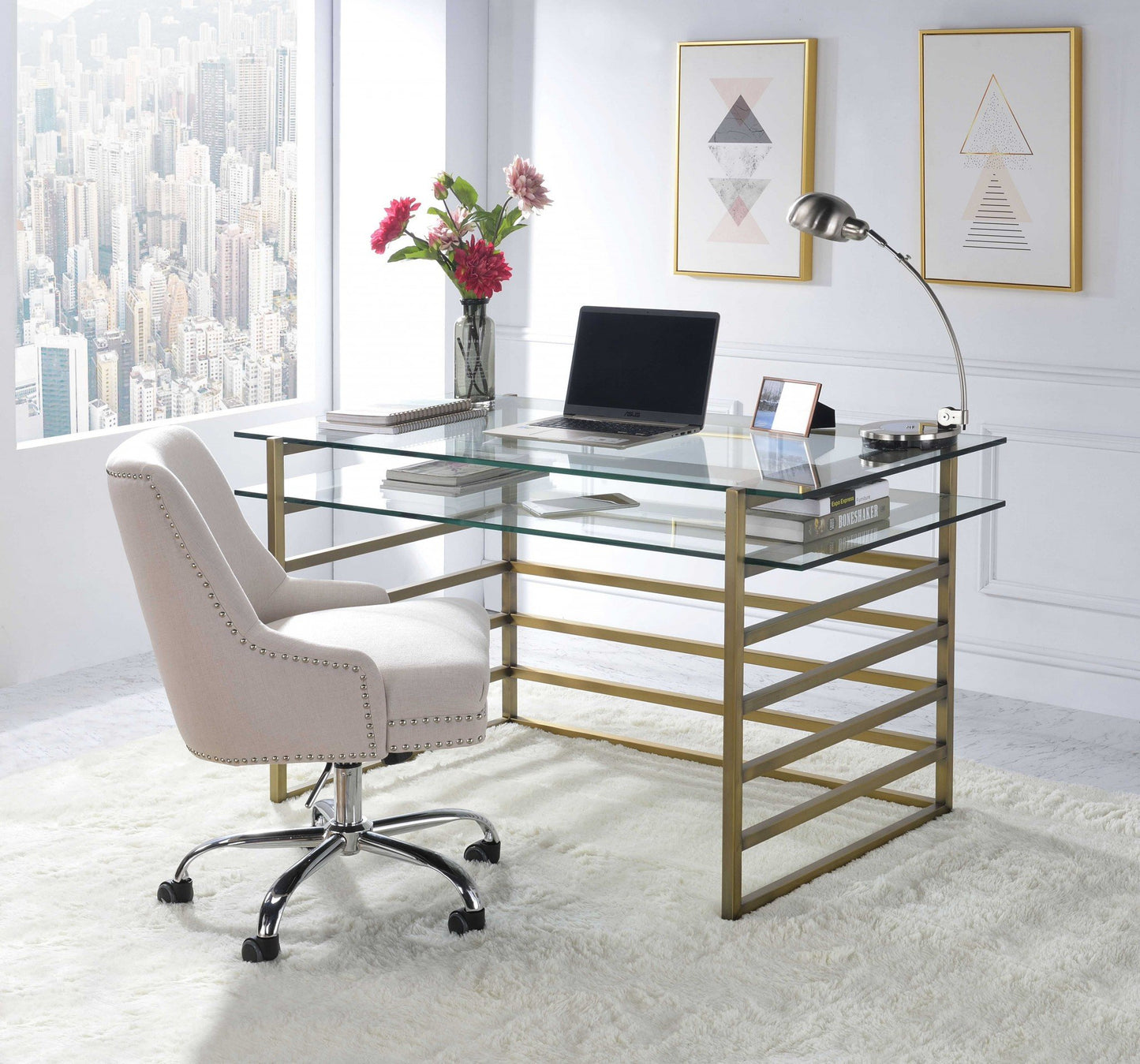 28' X 56' X 31' Antique Gold Clear Glass Metal Desk