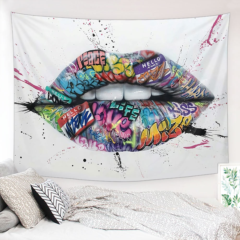 Sexy Glossy Lips Tapestry, Lips Bitting Wall Hanging, Living Room