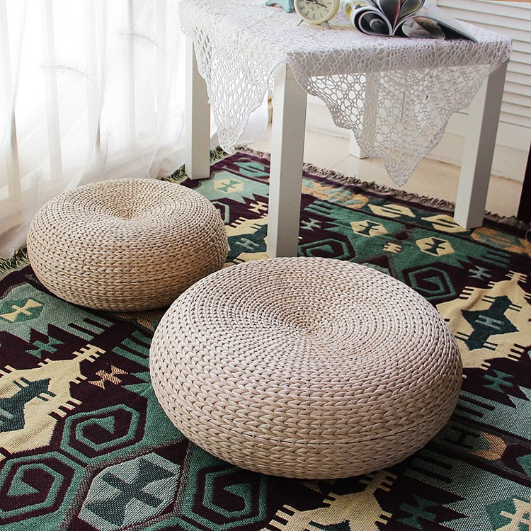 Natural Straw Round Pouf Tatami Cushion Hand Woven Mat Chair Cushion Japanese-style Cushion For Meditation Yoga Tea Ceremony