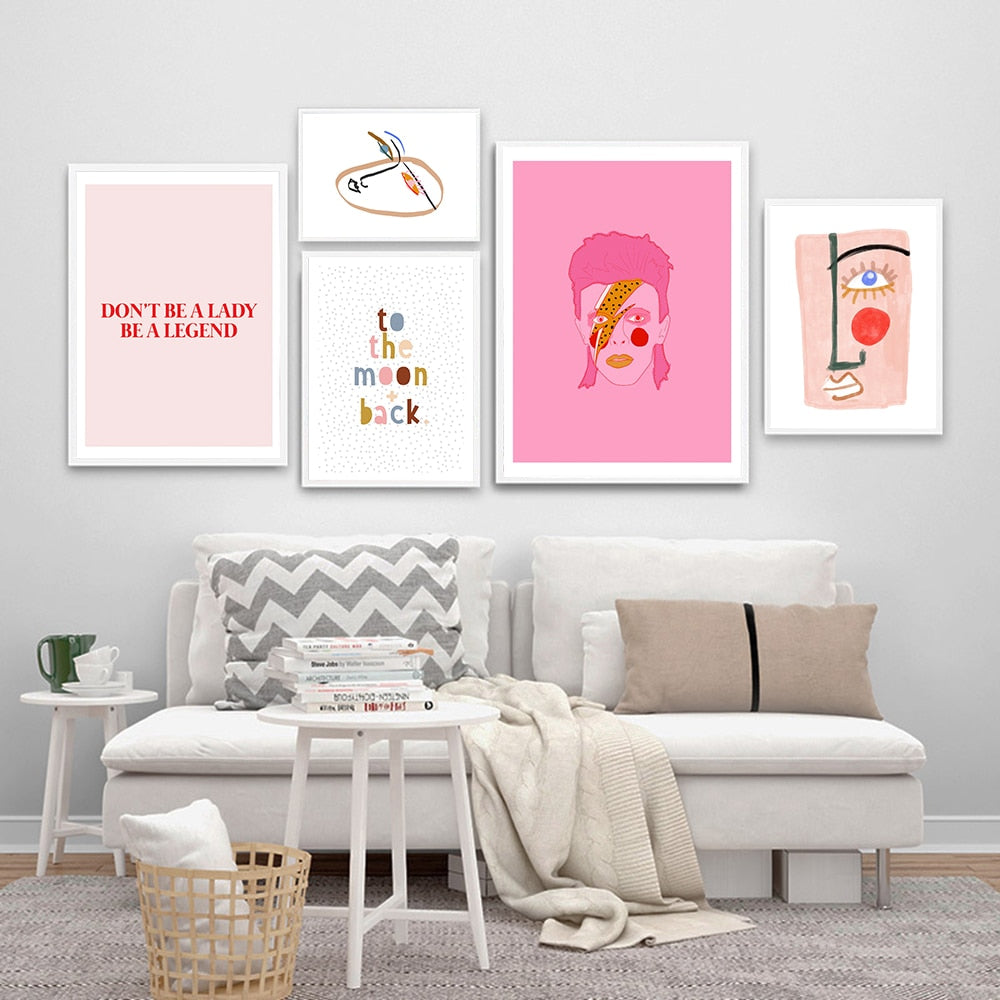 Nordic Abstract Poster Line Face Canvas Painting Wall Art Pink Style Letter Lucky You Pictures For Living Room Modern Decorative