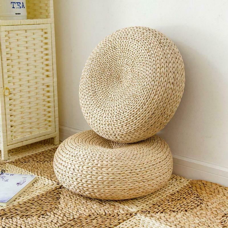 Natural Straw Round Pouf Tatami Cushion Hand Woven Mat Chair Cushion Japanese-style Cushion For Meditation Yoga Tea Ceremony